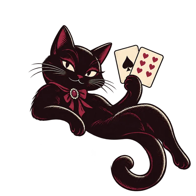 A black cat on a citron moon holding an ace of spades and a six of hearts.