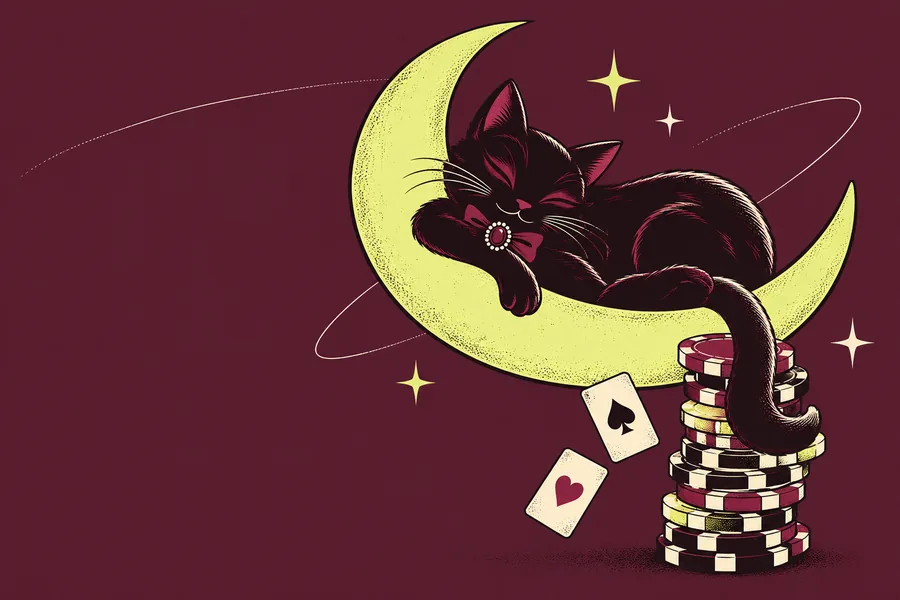 The SOFT 17 cat asleep on the moon, its tail curled around a stack of chips.